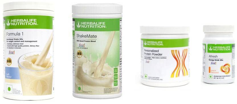 Her-balife Well-ness Nutrition Combo – Formula 1 Kulfi 500g, Protein 200g, Afresh Peach 50g, Shakemate 500g (Pack of 4)