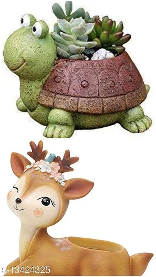 Grey Fox || Combo Set of 2 Amimal Deer and Turtle Shape || Succulent Pot Indoor || Desktop Flower Planter || Home Decor Garden || Without Plant