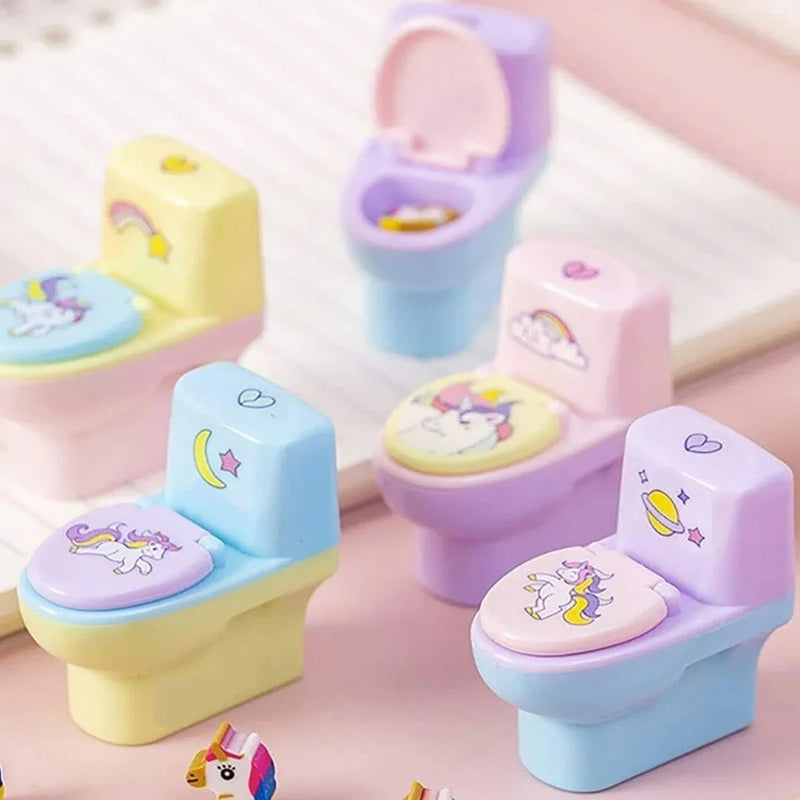 Small Toilet Shaped Sharpener with Eraser Wheel for School Kids Multi Color, Pack of 3