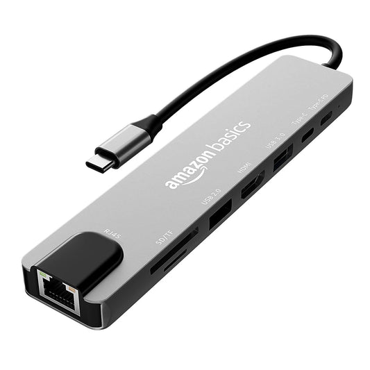 Amazon Basics USB Type-C Hub Dock, 8-in-1 HDCP Aluminium Adapter with 4K HDMI & Ethernet Port,100mbps, Power Delivery