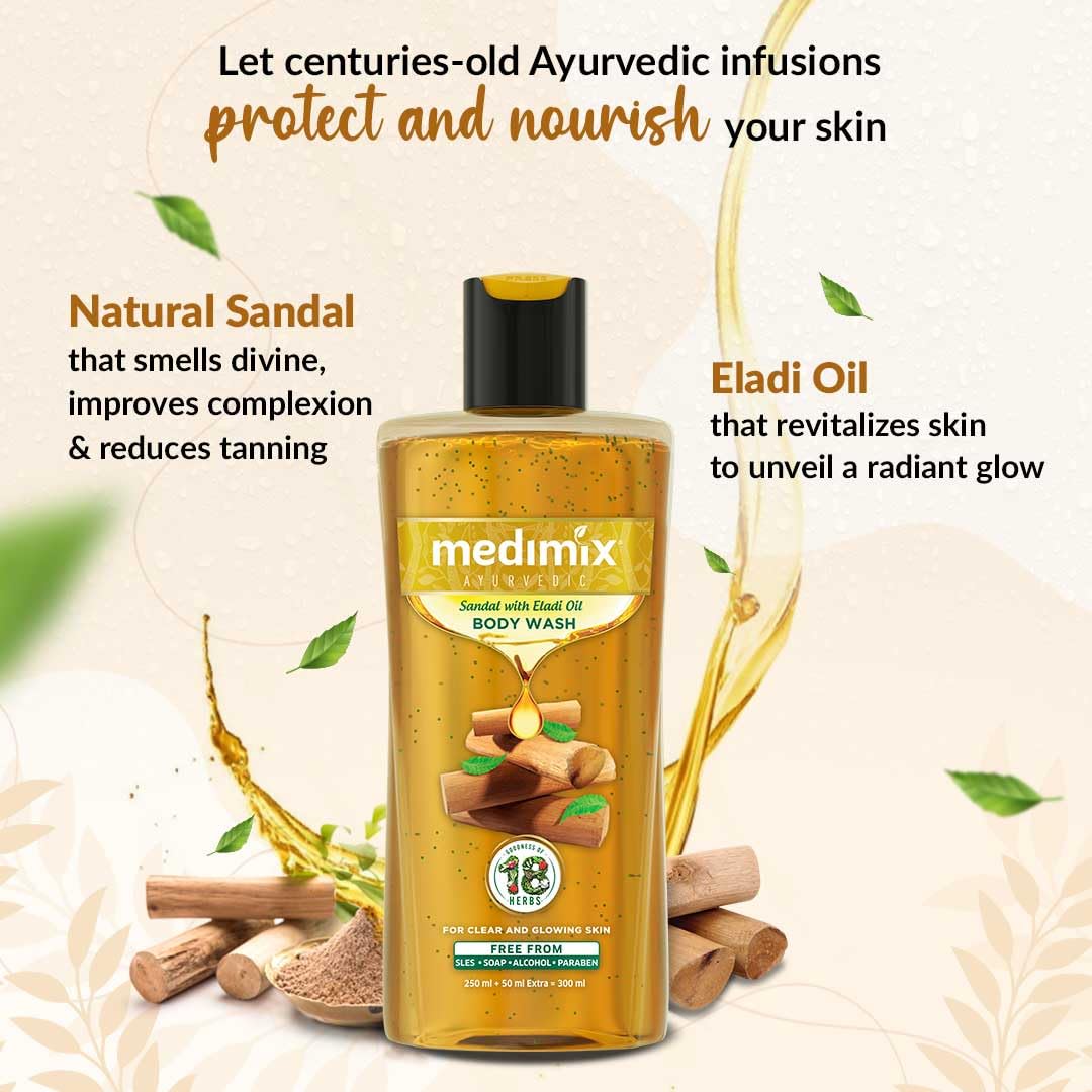 Medimix Ayurvedic Body wash, Sandal With Eladi Oil Clear, Glowing And Tan-Free Skin 250ml + 50ml Shower Gel image 3