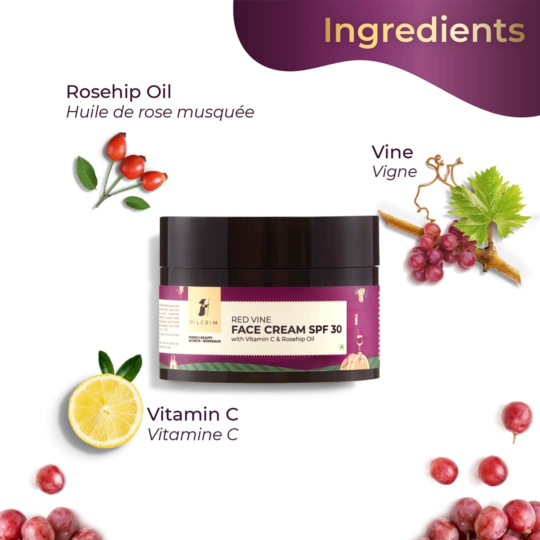 PILGRIM French Red Vine  Face Wash 100ml, Face Cream SPF 30 50gm, & Night Gel Creme 50gm image 4