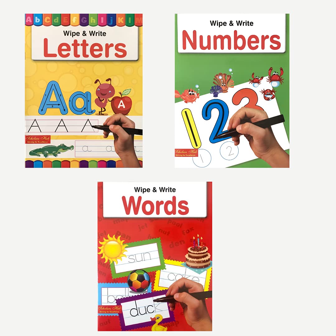 Scholars Hub Reusable And Washable Wipe And Clean Books For Kids (Set Of 3 Books) : Alphabet, Numbers & Words | 48 Pages…