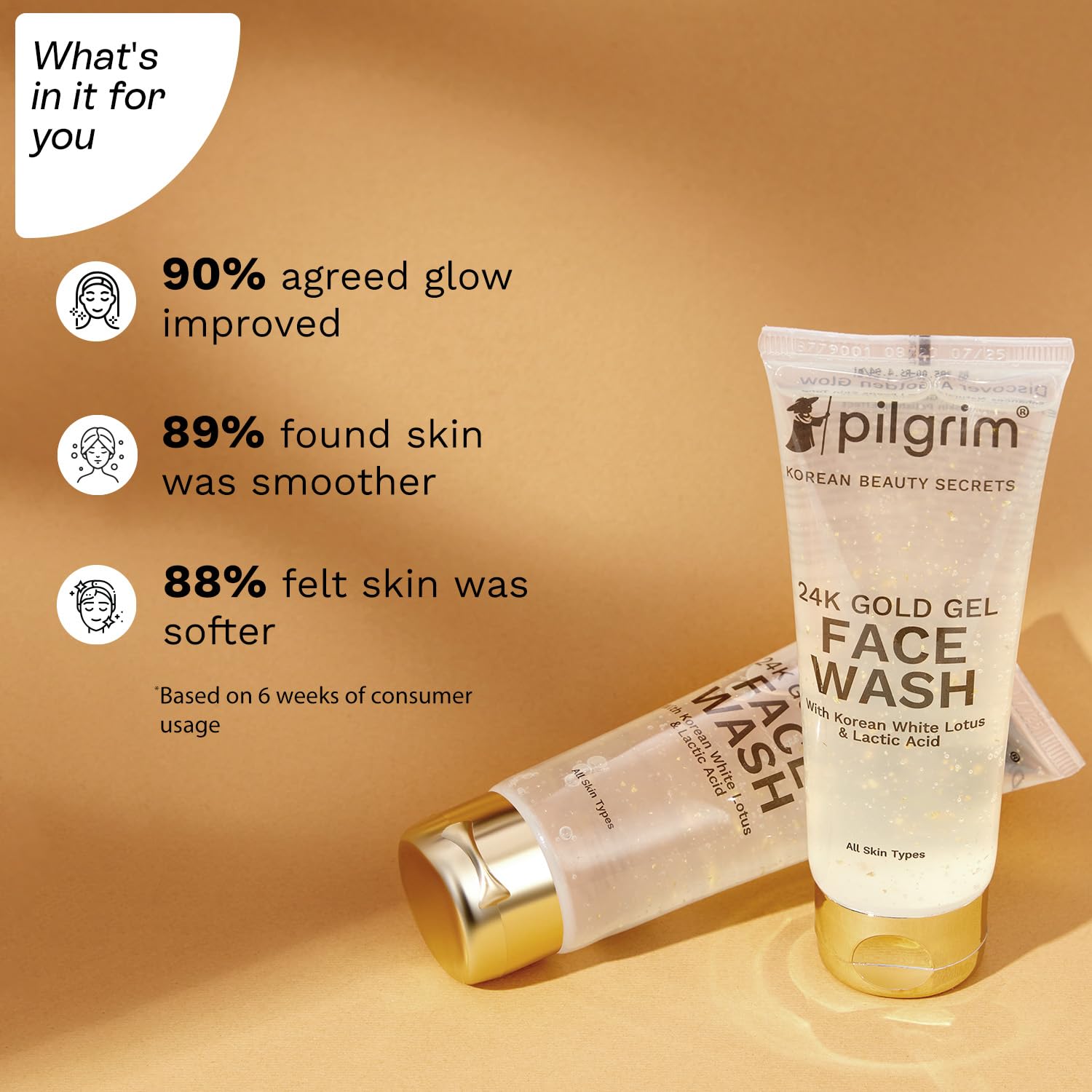 Pilgrim 24k Gold Gel Facewash with Korean White Lotus & Lactic Acid 80ml image 3
