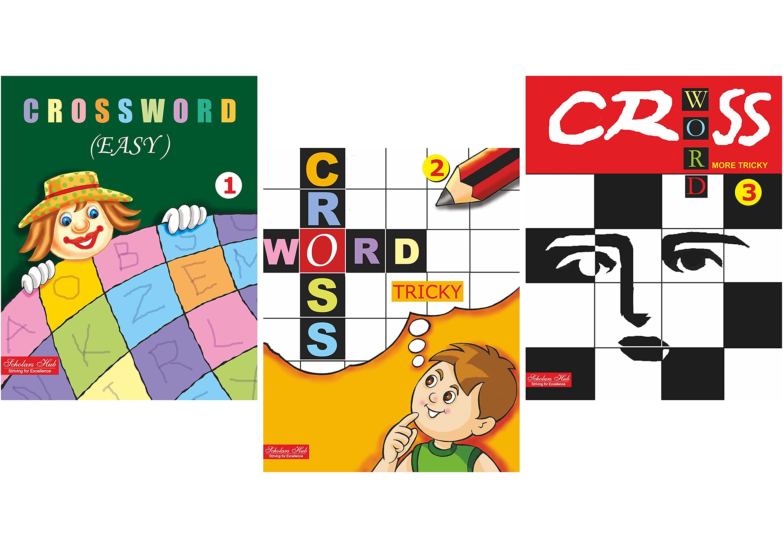 Scholars Hub Crossword Puzzle Book For Kids (Easy-1, Tricky-2, Difficult-3) (Set Of 3 Books) (144 Pages) ( With Answers)