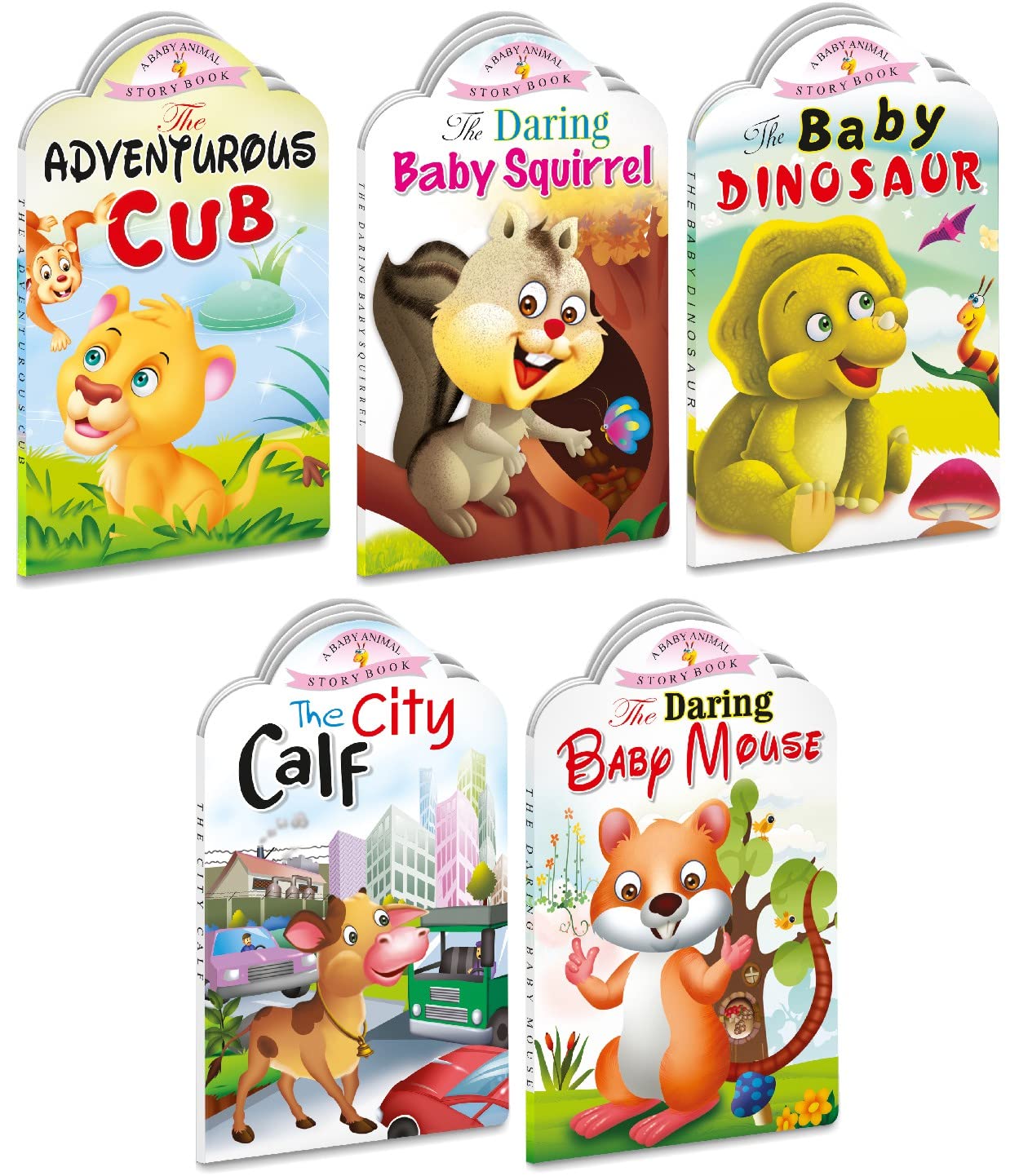 Sawan Set Of 5 Story Books Baby Animals Series (Adventurous Cub,Baby Squirrel,Baby Dinosaur,City Calf & Baby Mouse) [Board…