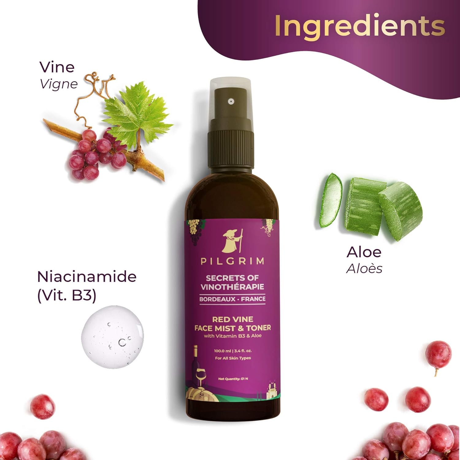 Pilgrim  Face Toner 100ml + Vino Red Vine Face Toner & Mist Spray 100ml image 2