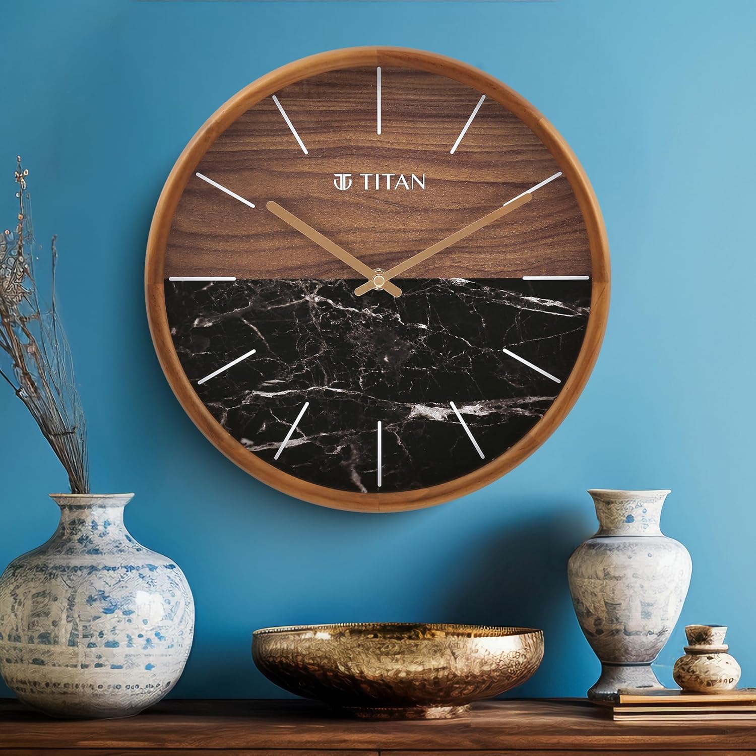 Titan Contemporary Wooden Analog Clock with Wood & Stone Textures On The Dial image 2