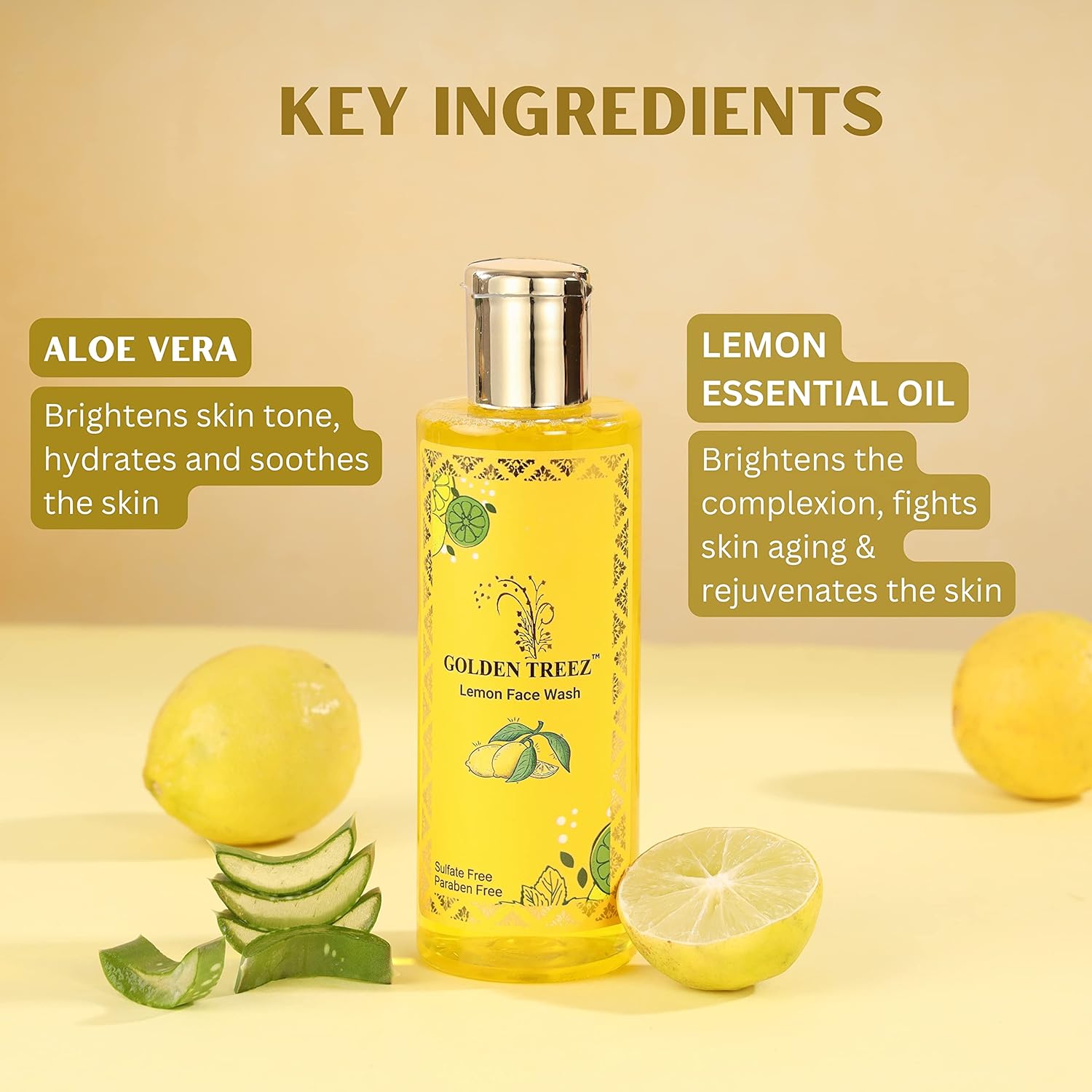 Golden Treez Lemon Face Wash For Men And Women With Aloevera And Lemon Skin Brightening, acne (pimples) And Tan Removal - Natural, Sulfate and Paraben Free Facewash - All Types of Skin- 210 ml image 3