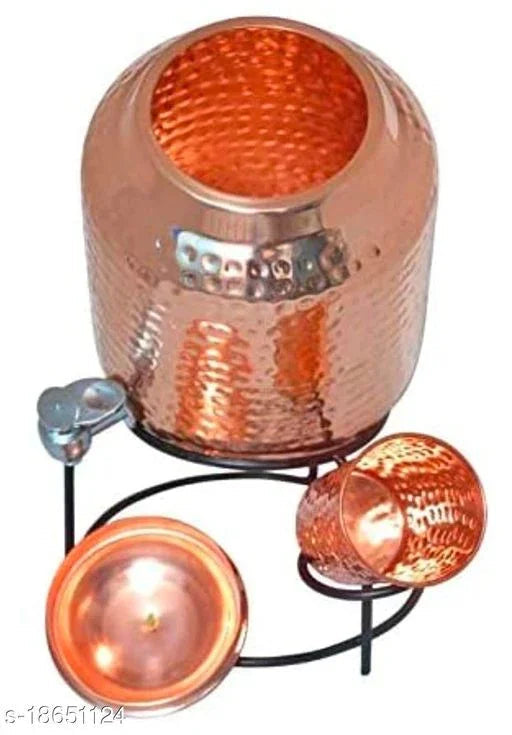 Copper Art Hammered Copper water dispenser (Matka/Pot) Container Pot Water Tank 5000 ML with 1 copper glass and Stand for Home image 3