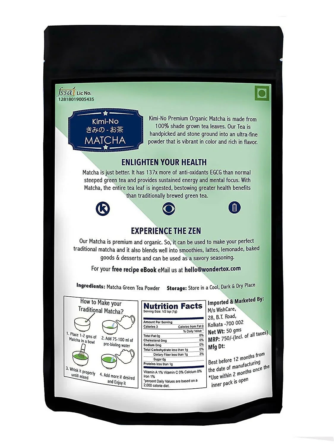 Wishcare Kimino Japanese Organic Premium Grade Matcha Green Tea Powder -50 gm image 2
