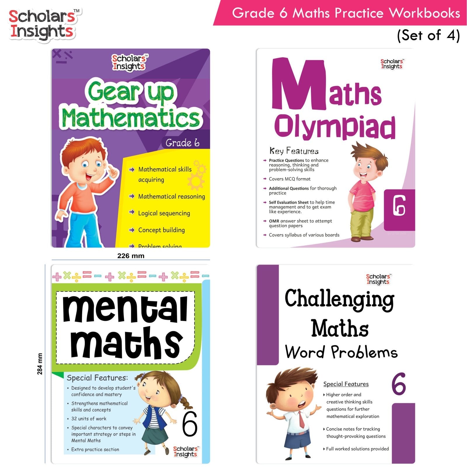 Grade 6 Comprehensive Learning with Mathematics Workbooks Set of 4 Ages 11-12 Years: Gear Up Math, Mental Math, Olympiad…