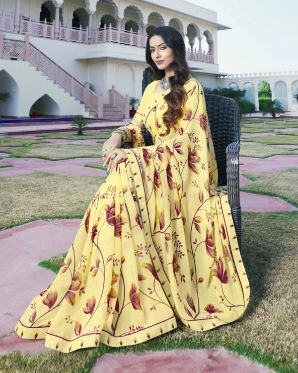 Women's Georgette Printed Saree With Blouse Piece (Yellow)