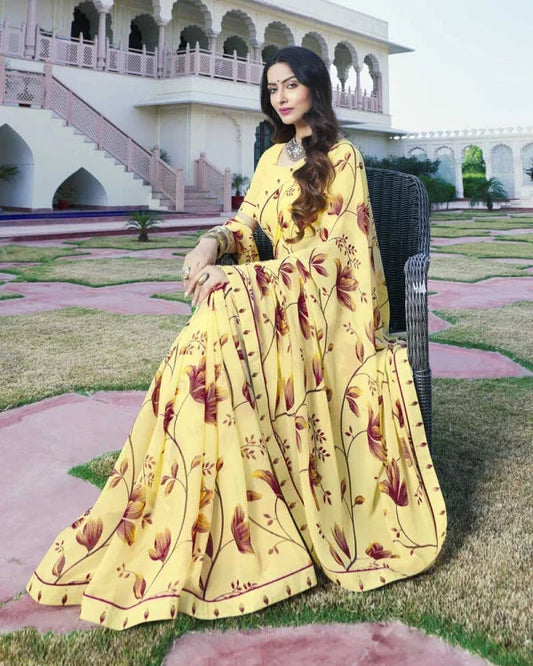Women's Georgette Printed Saree With Blouse Piece (Yellow)