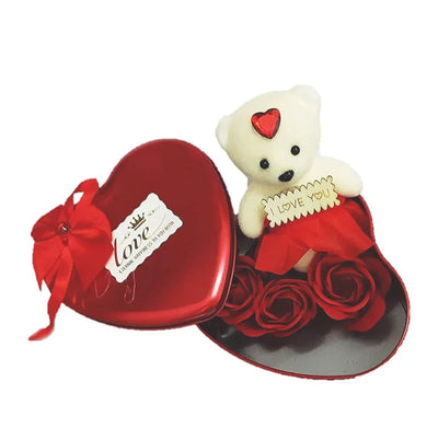 Heart Shaped Box With Teddy And Scented Roses, Valentine Gift