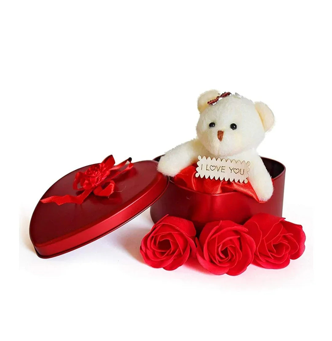 Heart Shaped Box With Teddy And Scented Roses, Valentine Gift image 2