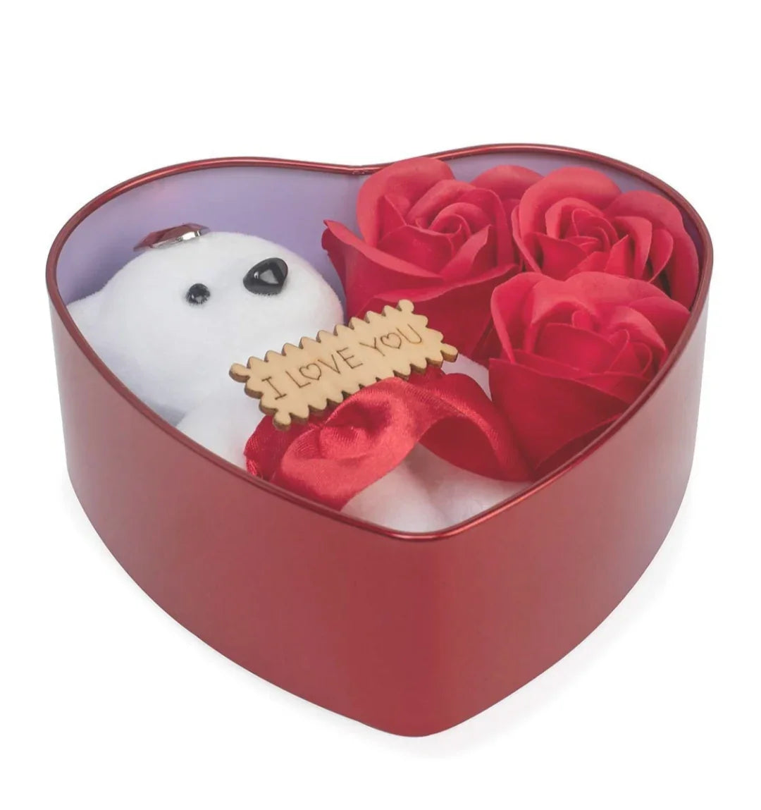 Heart Shaped Box With Teddy And Scented Roses, Valentine Gift image 3