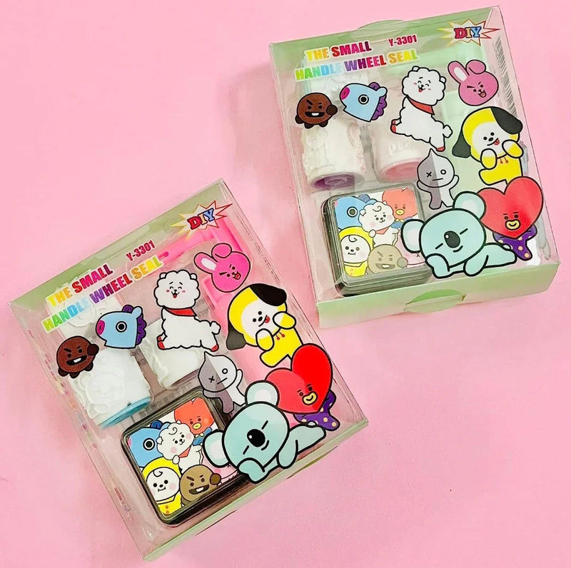 Roller Stamp for Kids Boys & Girls/Handle Wheel Roller Stamp with Inkpad Diary DIY Stamp Set Creative (2 Pieces)