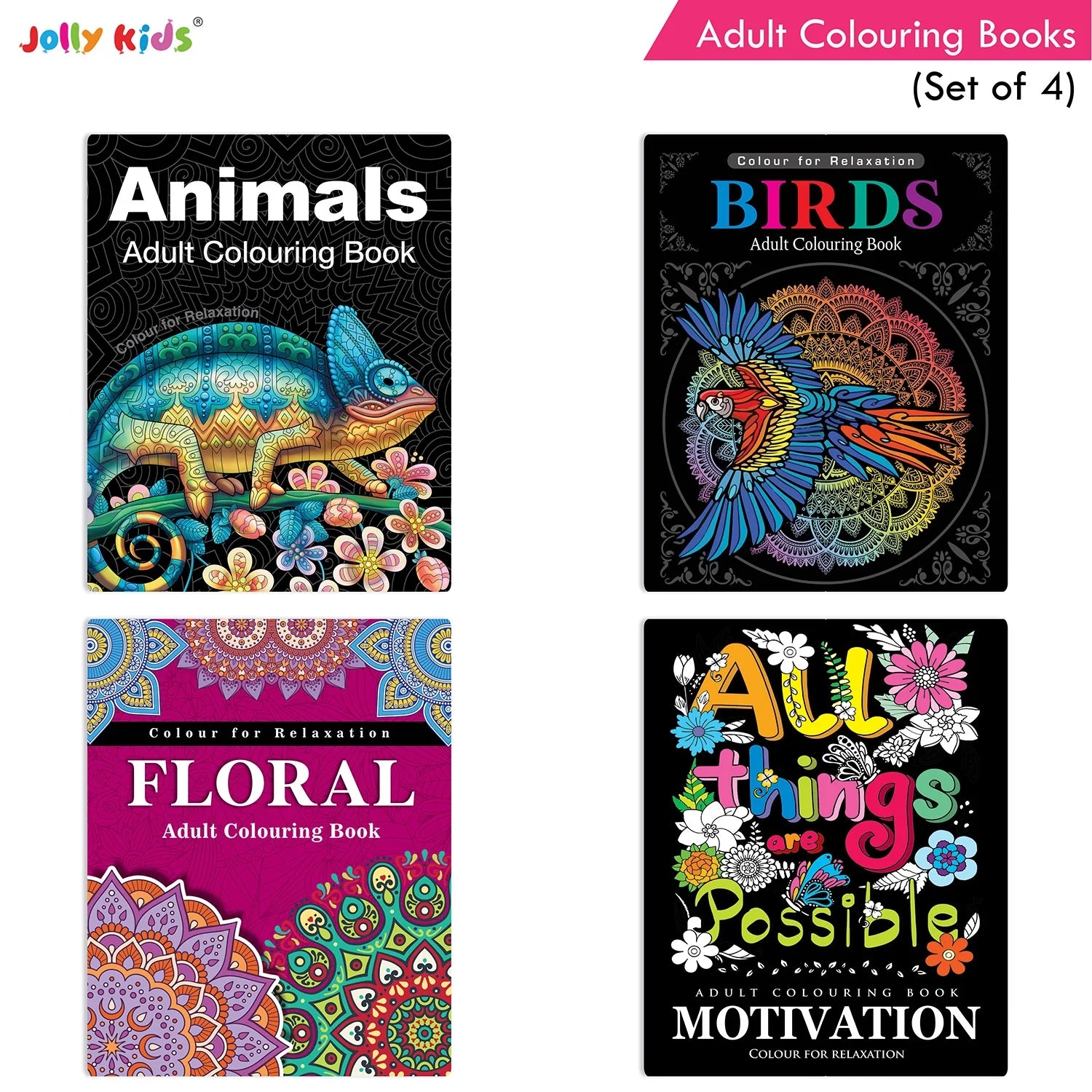 Jolly Kids Adult Colouring Books Set of 4|Adults Colouring Book: Stress Relieving Designs Floral, Animals, Birds &…