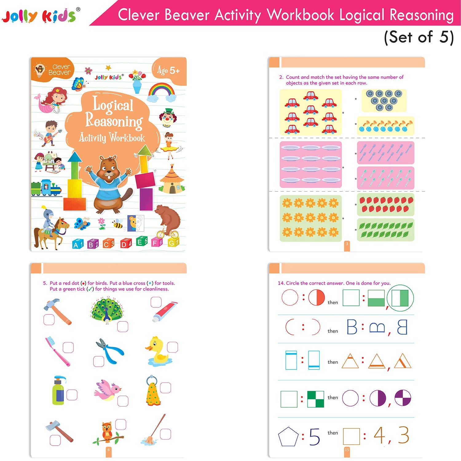 Jolly Kids Clever Beaver Ages 5-6 Years Fun Learning Activities Workbooks Set of 4| English-Maths-EVS-Good Habit-Logical…