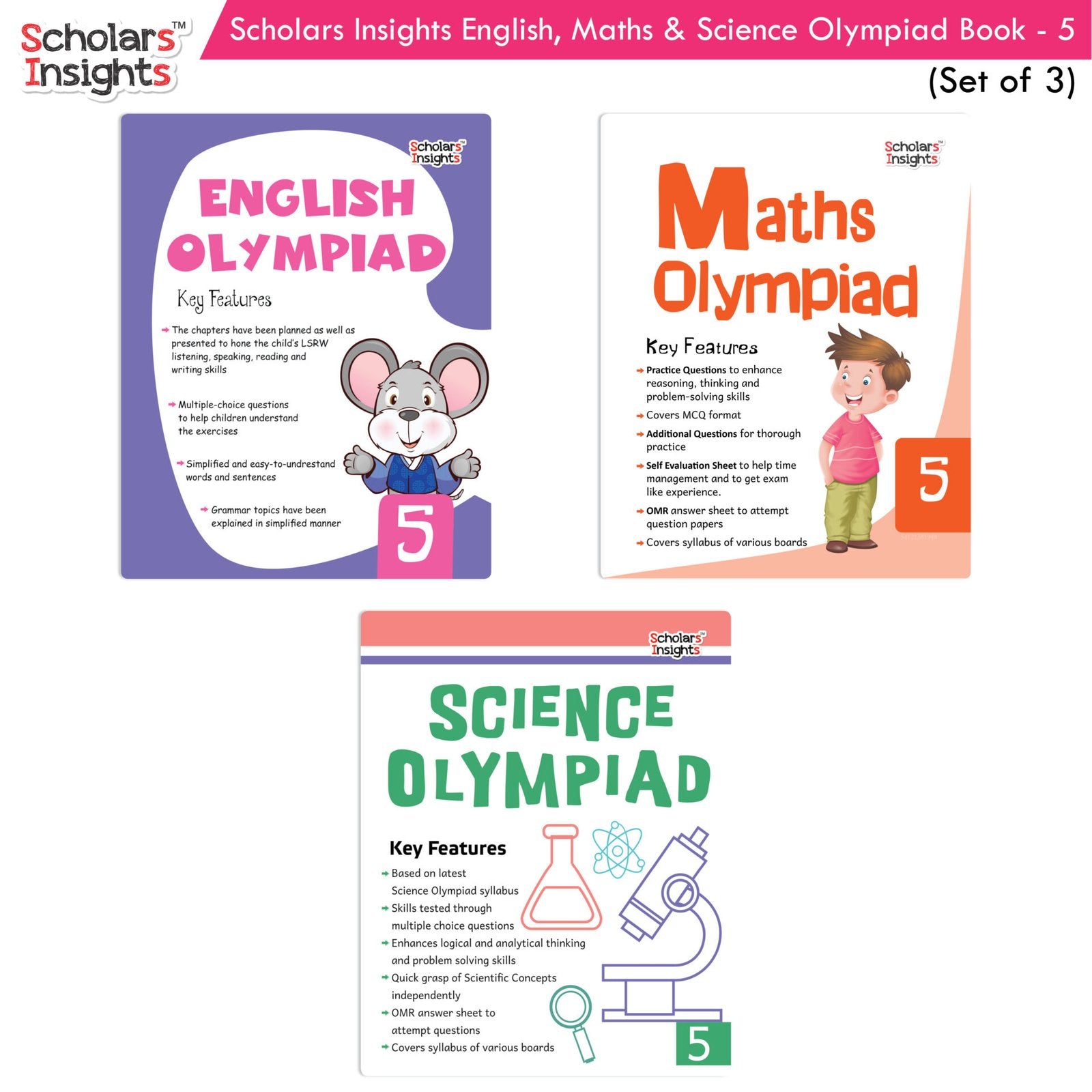 Scholars Insights Olympiad English, Maths and Science Workbooks Grade 5| Set of 3| Ages 10 - 12 Year – Shethbooks
