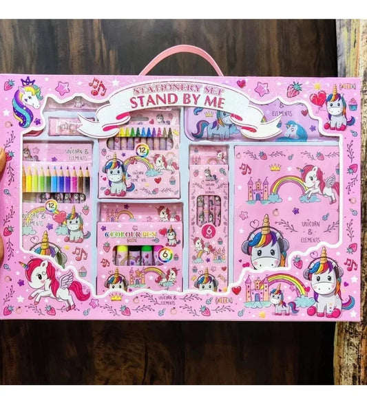 Unicorn Stationery Kit 41 pcs with Unicorn Pencil, 3D Eraser, Sharpener, Scale, Geometry, Book and Colors Unicorn Stationery Combo with Metal Geometry Jumbo Pack, (Pink)
