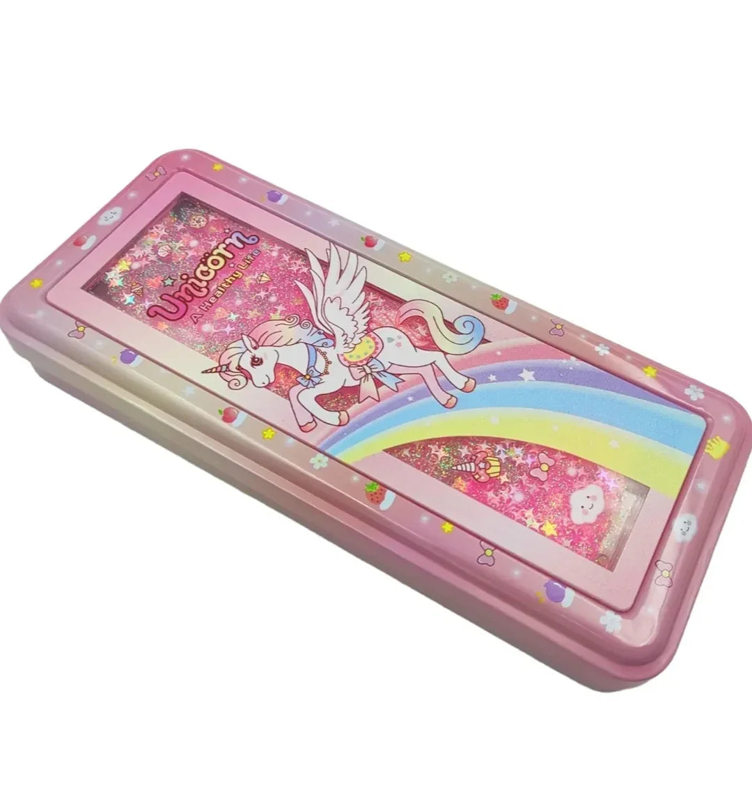 Unicorn Pencil Box Filled with Fancy Water Glitters| Unicorn Art Metal Pencil Box (Set of 1, Pink)