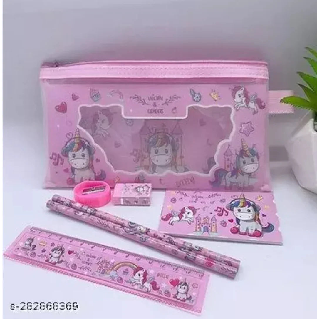 Unicorn Theme Zipper Stationery Gift Set for Kids with 1 Ruler, 2 Pencils, 1 Eraser, 1 Sharpener, 1 Diary (Pack of 1)