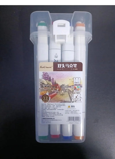 12 Colors Art Markers Set Dual Heads Broad Fine Point Based Marker Pens with PP Storage Box for Students