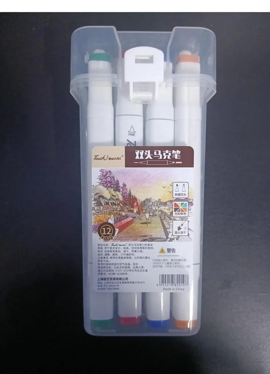 12 Colors Art Markers Set Dual Heads Broad Fine Point Based Marker Pens with PP Storage Box for Students