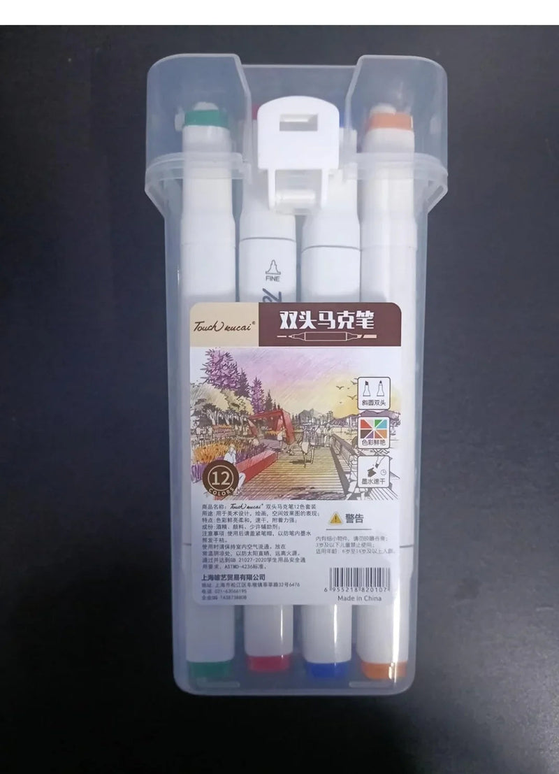 12 Colors Art Markers Set Dual Heads Broad Fine Point Based Marker Pens with PP Storage Box for Students