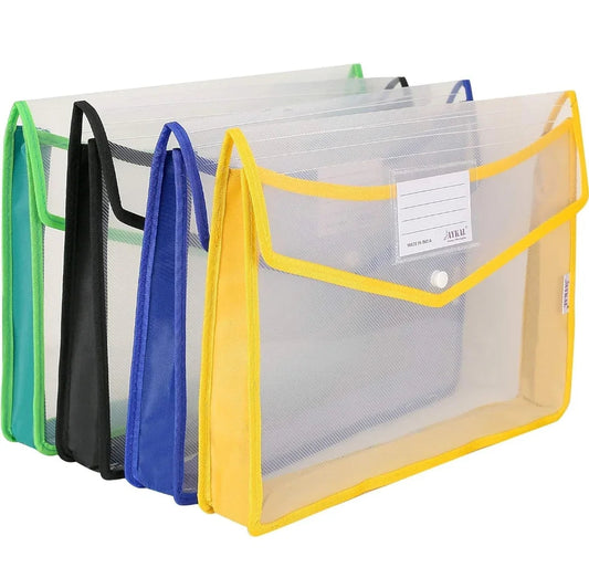 Transparent Plastic FS/A4 Envelope Folder, Documents File Storage Bag with Snap Button, Document File Folder for Certificates (Size: FS/A4, Color: Multicolor) - pack of 2