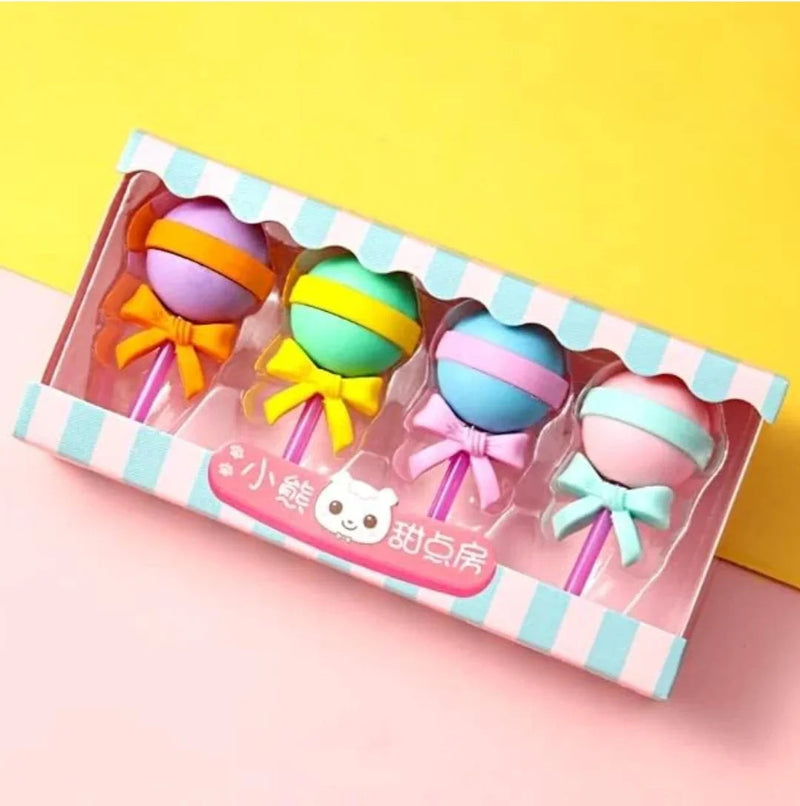 Set of 4 3D Yummy Dessert Shape Rubber Pencil Eraser Set for Kids, Birthday Return Gifts (Lollipop)