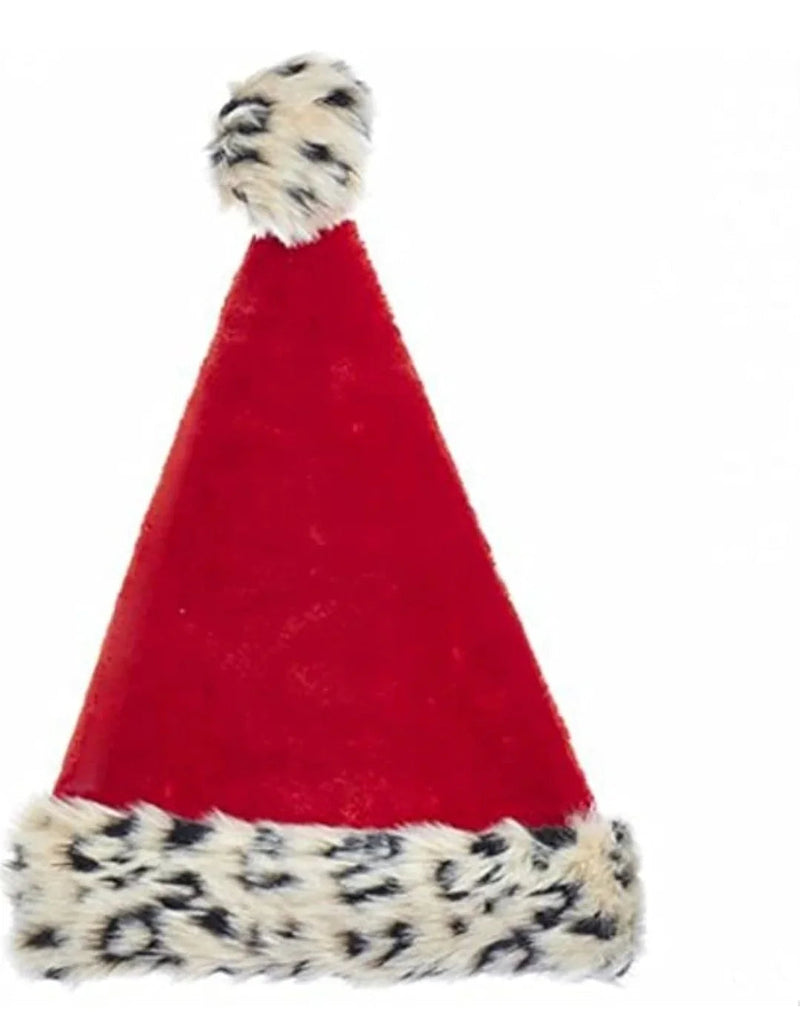 Red Plush Santa Hat With Leopard Fur Trim