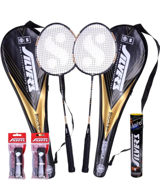 Silver's Blacken Badminton Kit (2 Racquets with Cover, 1 Box Shuttlecock and 2 PVC Grips)