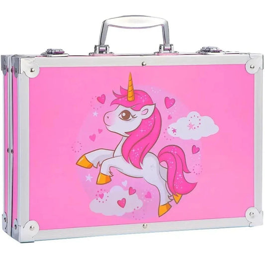 Art Supplies Set for Kids, 2 Layers Drawing Supplies, Portable Aluminum Case Art Kit, Great Gift for Kids Boys Girls. (pink Unicorn.) (Pink)