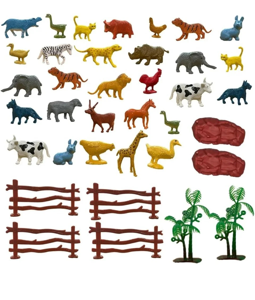 Animal Figure Toy Set of 31 Pcs|Farm & Jungle Animal Figure Playsets with Artificial Tree & Fencing