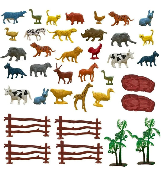 Animal Figure Toy Set of 31 Pcs|Farm & Jungle Animal Figure Playsets with Artificial Tree & Fencing