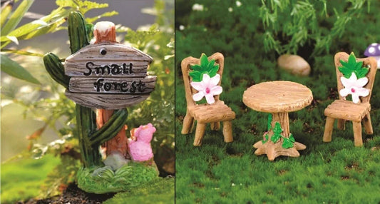 Table Chair Set with Small Forest Display Showpiece Home Decor Garden Decor Miniatures Landscape Decorations