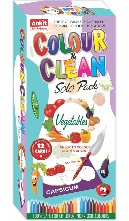 Ankit Toys & Games Color & Clean Vegetables Solo Pack | Reusable Flash Cards, Oil Pastels Colors & Duster | Brain Boosting game for Toddlers | Set of 12 Coloring Cards in Box for Age 3 Years and above