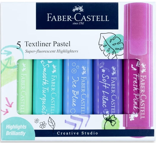 Faber-Castell Pastel Textliner Pen Set – Pack of 5 Assorted Colours | Highlighter Markers for Study, Journaling & Doodling | Stationery Essential for