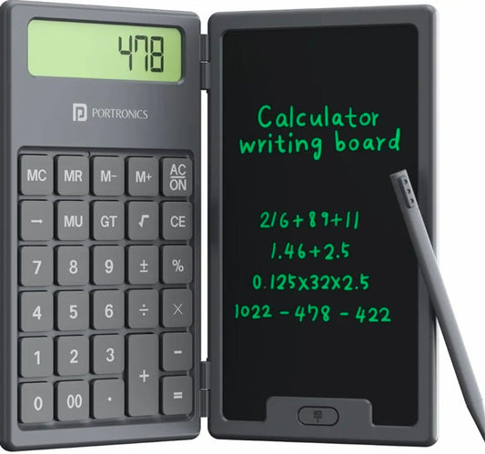 Portronics Ruffpad Calc 2-in-1 Calculator & LCD Writing Pad with 6.5 Inches Tablet, 12 Digits, Foldable Design, Stylus Pen for Students, Birthday Gift