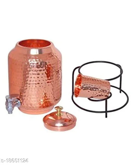 Copper Art Hammered Copper water dispenser (Matka/Pot) Container Pot Water Tank 5000 ML with 1 copper glass and Stand for Home image 2