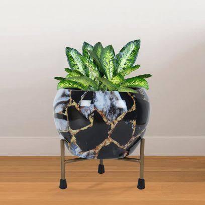 Metal Meena Planter Pots with Stand (Black Marble)