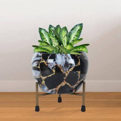 Metal Meena Planter Pots with Stand (Black Marble)