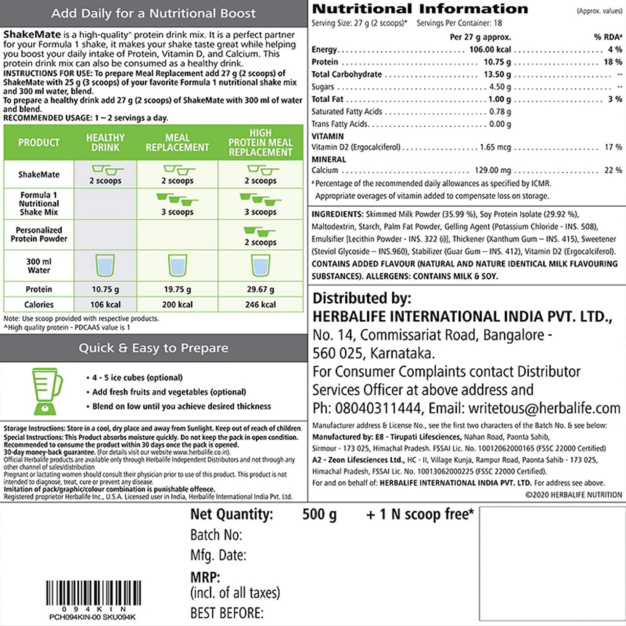 Herbalife Nutrition Shakemate Milk Based Protein -500 gm image 4