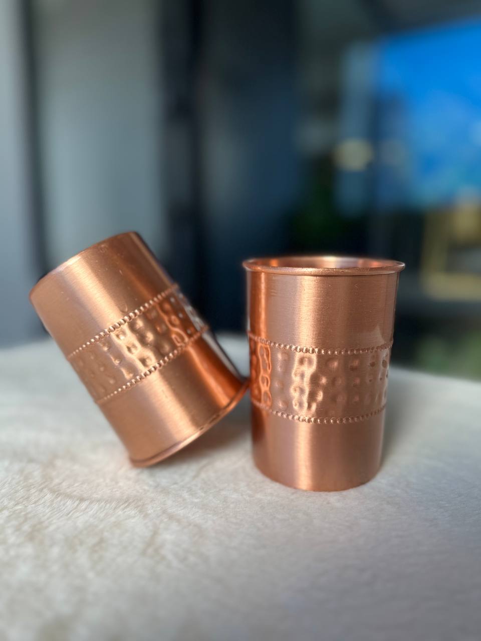Half Hammer And Half Plain Copper Water Glass - 300 ml - Pack of 2 image 3
