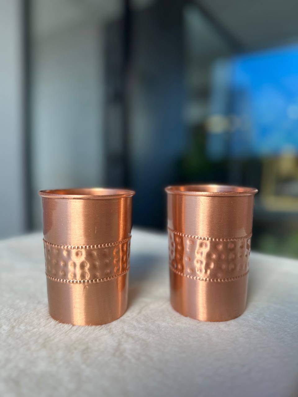 Half Hammer And Half Plain Copper Water Glass - 300 ml - Pack of 2 image 2