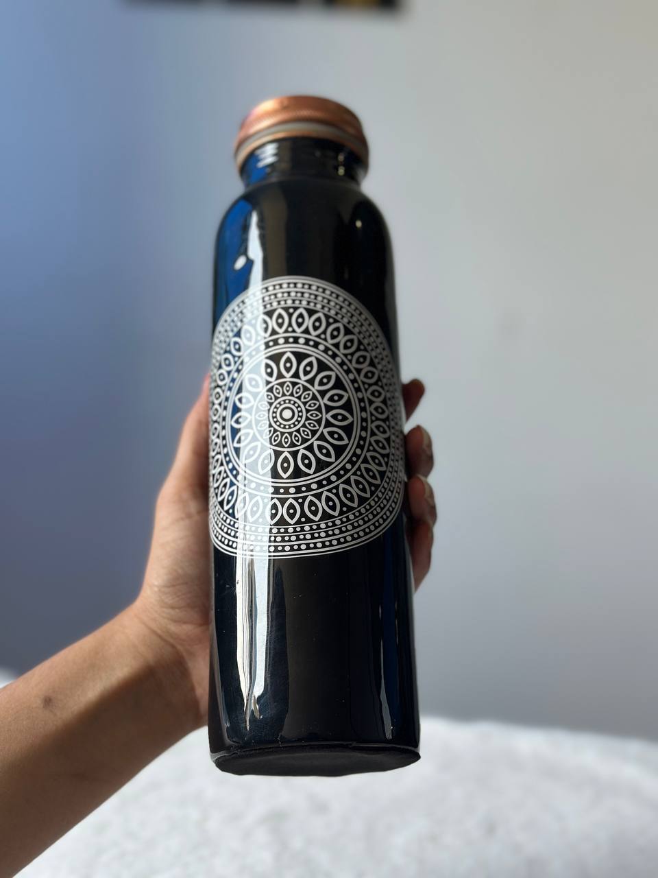 Black White Charkra Copper Water Bottle - 1 Ltr image 3