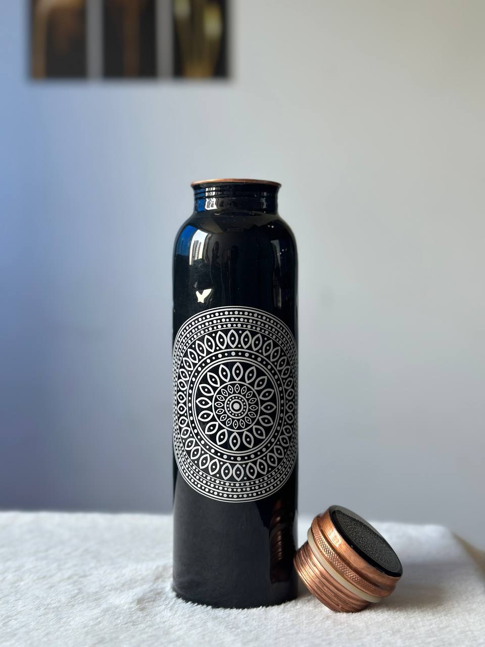 Black White Charkra Copper Water Bottle - 1 Ltr image 2